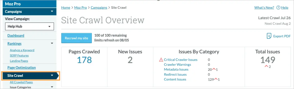 بخش site crawl در moz