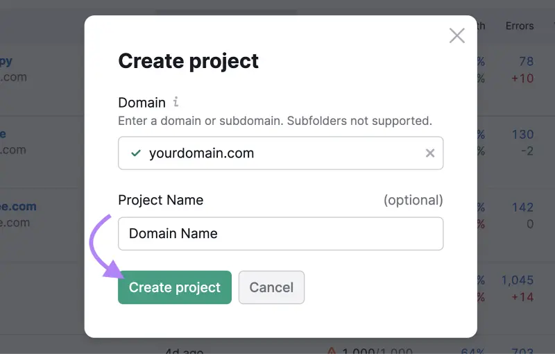وب‌سایت خود را وارد کنید و روی Create Project کلیک کنید.