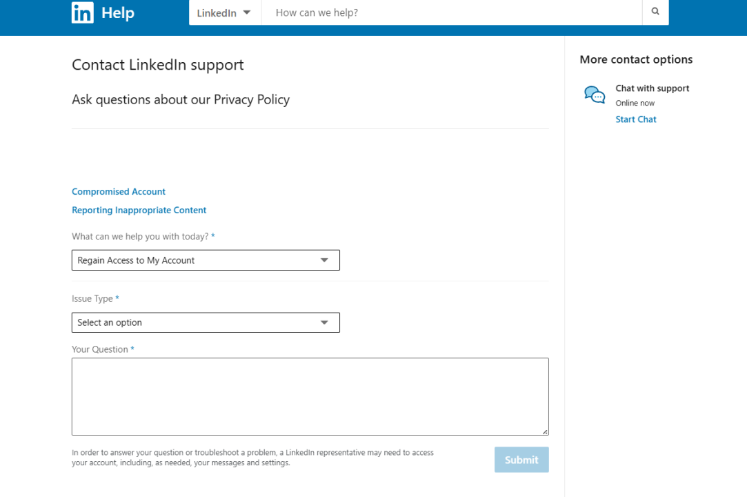 فیلدهای فرم و گزینه Regain access