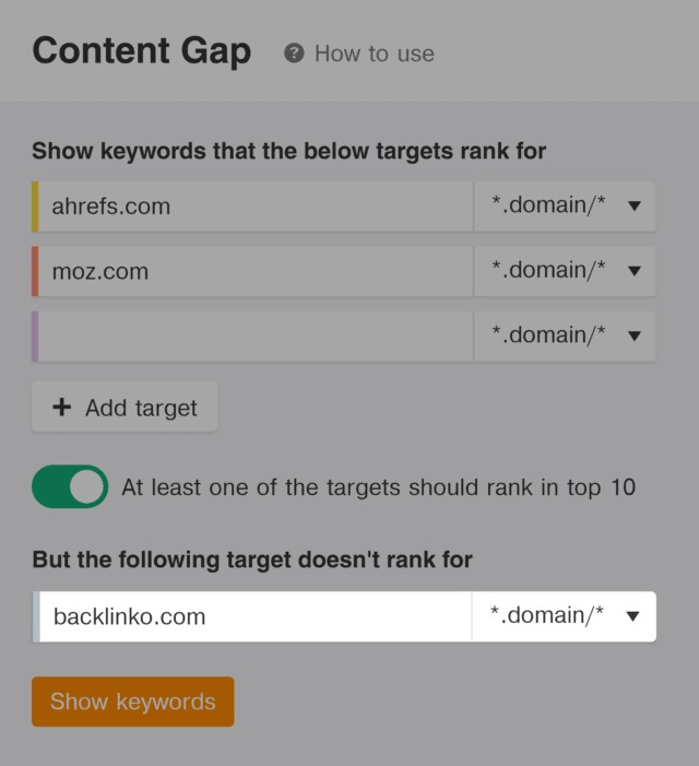 وارد کردن آدرس سایت خود در content gap در سایت ahrefs