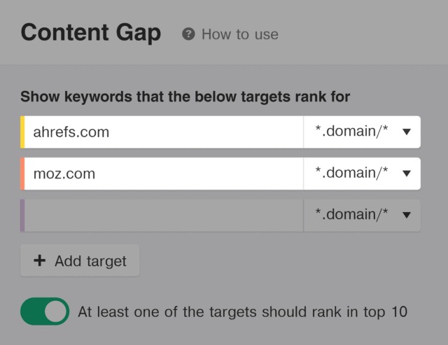 وارد کردن آدرس سایت رقبا در content gap
